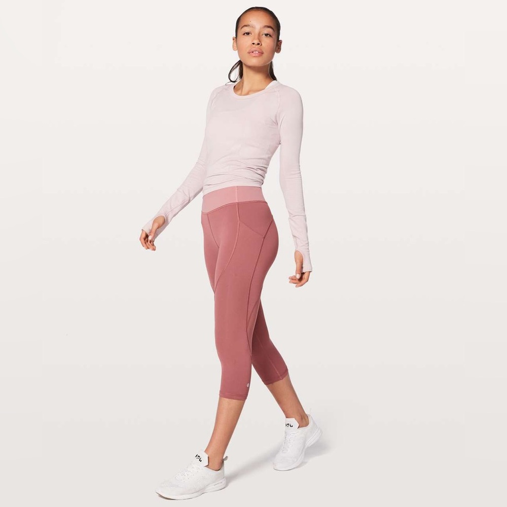 Lululemon Quick Feet Crop 19"•Color Block Pink Mesh•Auburn / Quicksand•EUC•sz 4 - Picture 2 of 14